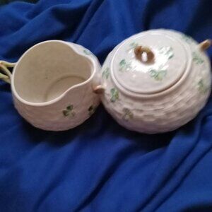 Vintage Beleek Creamer and Sugar set basket weave design with shamrocks